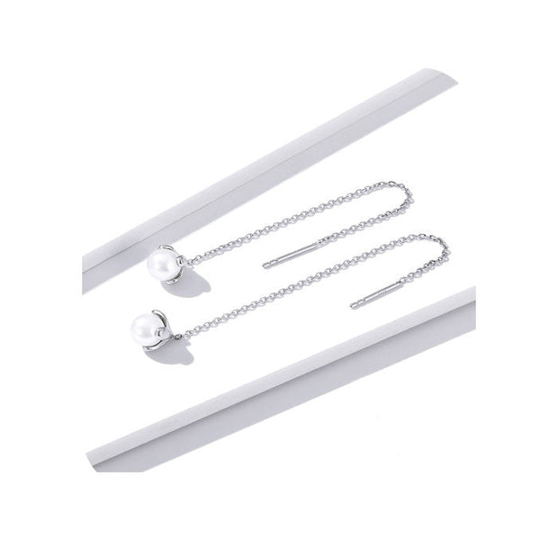 Pendiente cadena que atraviesa perla - Joyas-Para-Mujer.com